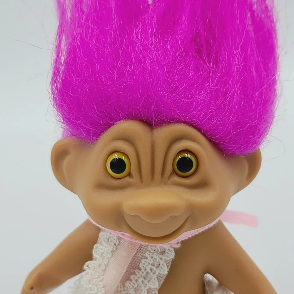 Vintage Russ Small Troll Doll Fuchsia Pink Hair Pink Bib White Diaper Baby 1990s